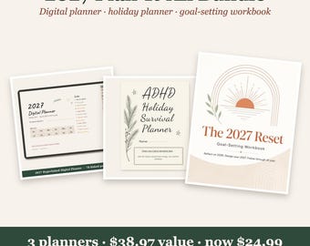 Może przedstawiać: Zestaw 2027 Plan-It-All zawiera planer cyfrowy, planer świąteczny ADHD Holiday Survival Planner oraz zeszyt ćwiczeń The 2027 Reset. Elementy te charakteryzują się neutralną kolorystyką, grafiką liniową oraz tekstem opisującym zawartość.