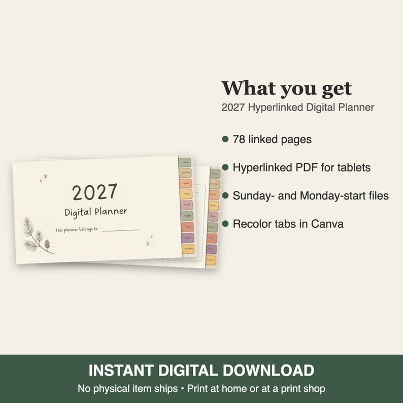 Op de afbeelding: Een digitale planner voor 2027 met een cr&egrave;mekleurige kaft, een veerillustratie en de tekst 2027 Digital Planner. De planner bevat gekleurde tabbladen, 78 gelinkte pagina's, een hyperlinked PDF voor tablets en opties voor zondag- of maandagstart.