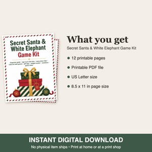 May include: A Secret Santa and White Elephant game kit featuring a stack of three wrapped gifts with a gold ribbon and two red and green ornaments. The text includes 12 printable pages, a PDF file, and 8.5 x 11 inch US Letter size.