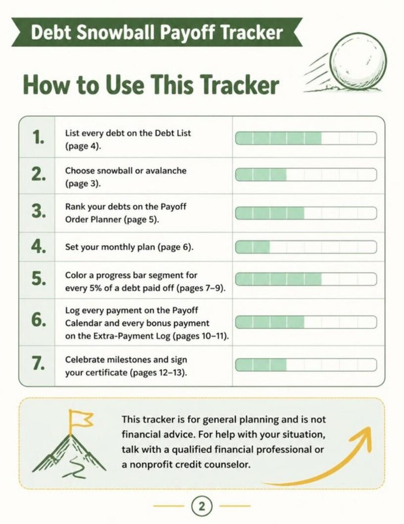 May include: A Debt Snowball Payoff Tracker instructional page featuring seven numbered steps for debt management, progress bars with green segments, a snowball illustration, and a disclaimer about financial advice at the bottom.