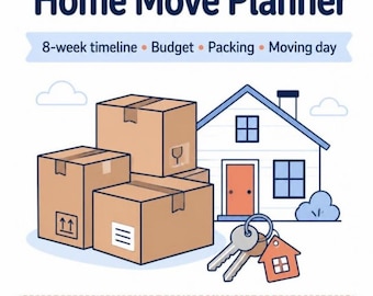 Może przedstawiać: Dokument Moving Checklist & Home Move Planner z 8-tygodniowym harmonogramem, budżetem, pakowaniem i dniem przeprowadzki. Grafika zawiera brązowe kartony, ilustrację domu, klucze oraz ciężarówkę z polami do uzupełnienia danych o przeprowadzce.