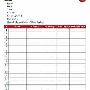 May include: A printable Group Sign-Up Sheet with a holiday theme featuring a green gift icon, a red ornament, and a red bow. The document includes fields for event details, game selection, and a table with columns for name, contact, and status.