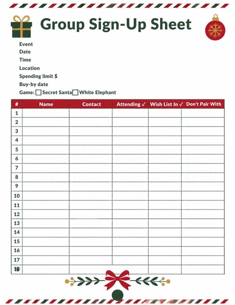 May include: A printable Group Sign-Up Sheet with a holiday theme featuring a green gift icon, a red ornament, and a red bow. The document includes fields for event details, game selection, and a table with columns for name, contact, and status.