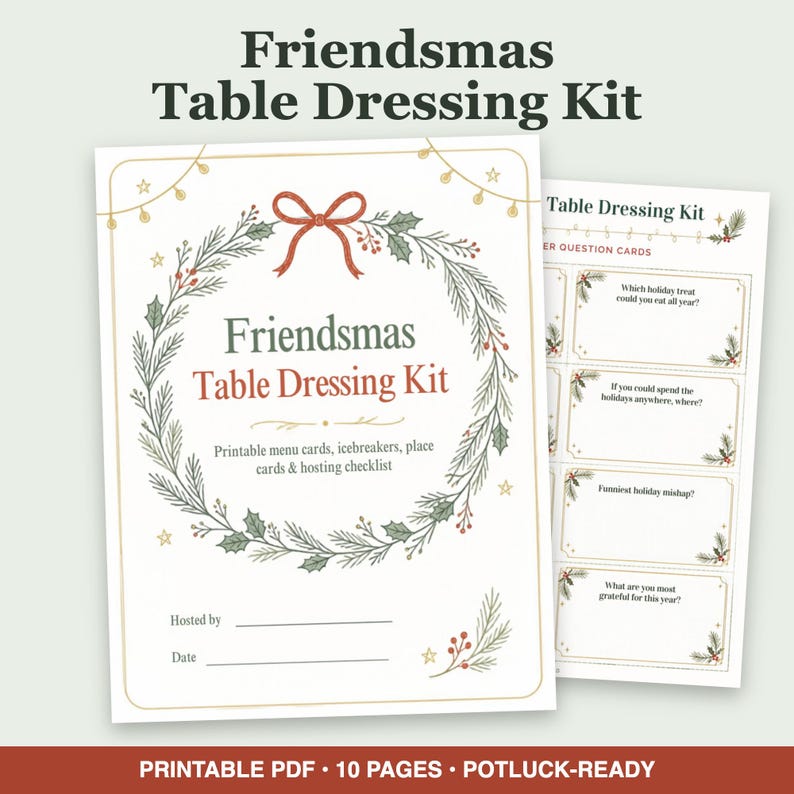 May include: A Friendsmas Table Dressing Kit printable PDF featuring a wreath illustration with a red bow, holly, and pine branches. The text includes menu cards, icebreakers, place cards, and a hosting checklist with lines for host and date.