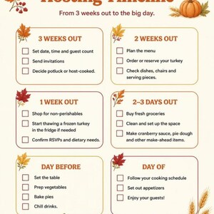 May include: A Hosting Timeline checklist with autumn leaf and pumpkin illustrations. It lists tasks from 3 weeks out to the day of the event, including setting dates, planning menus, shopping, and preparing food, with checkboxes for each item.