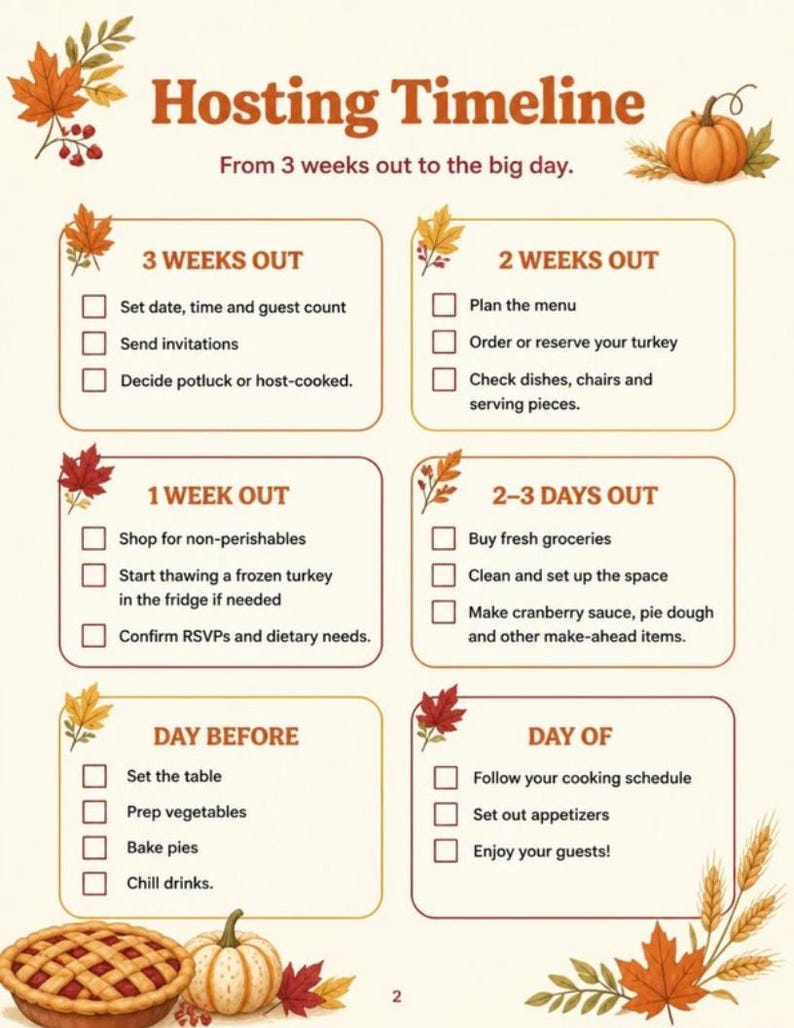 May include: A Hosting Timeline checklist with autumn leaf and pumpkin illustrations. It lists tasks from 3 weeks out to the day of the event, including setting dates, planning menus, shopping, and preparing food, with checkboxes for each item.