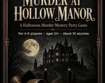 Może przedstawiać: Pudełko gry Murder at Hollow Manor z ciemną posiadłością pod pełnią księżyca. Tekst głosi: Murder at Hollow Manor, A Halloween Murder Mystery Party Game, For 6-8 players, Ages 10+, About 90 minutes. Zawiera złoty kielich i lupę.