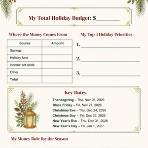 May include: A holiday budget planner page titled Season Overview with sections for My Total Holiday Budget, Where the Money Comes From, My Top 3 Holiday Priorities, Key Dates for 2026-2027, and My Money Rule for the Season, decorated with pine branches.