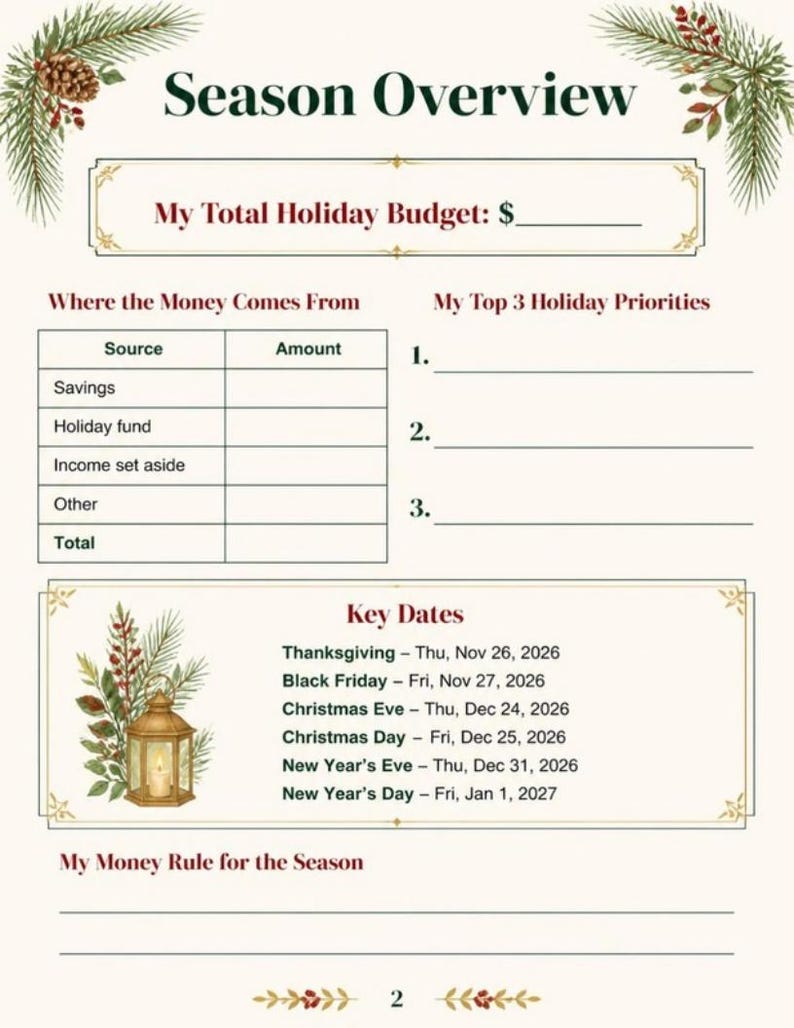 May include: A holiday budget planner page titled Season Overview with sections for My Total Holiday Budget, Where the Money Comes From, My Top 3 Holiday Priorities, Key Dates for 2026-2027, and My Money Rule for the Season, decorated with pine branches.