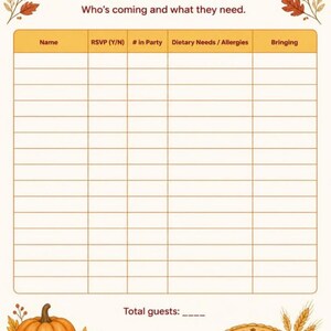 May include: A Guest List & RSVP planner page with autumn leaf illustrations. The header reads Guest List & RSVP and Who's coming and what they need. It features a table with columns for Name, RSVP, # in Party, Dietary Needs, and Bringing.