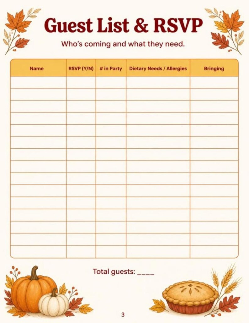 May include: A Guest List & RSVP planner page with autumn leaf illustrations. The header reads Guest List & RSVP and Who's coming and what they need. It features a table with columns for Name, RSVP, # in Party, Dietary Needs, and Bringing.