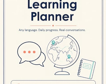 Op de afbeelding: Een taalplanner met donkerblauwe tekst, een wereldbolpictogram, tekstballonnen en een notitieboekje. De pagina bevat de tekst: Language Learning Planner, Any language. Daily progress. Real conversations. Language I'm learning: en Start date:.
