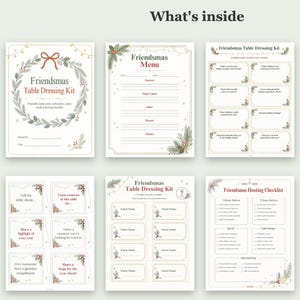 May include: A Friendsmas Table Dressing Kit featuring six printable pages including a menu, icebreaker question cards, name place cards, and a hosting checklist. Each page has a cream background with red and green holiday foliage.
