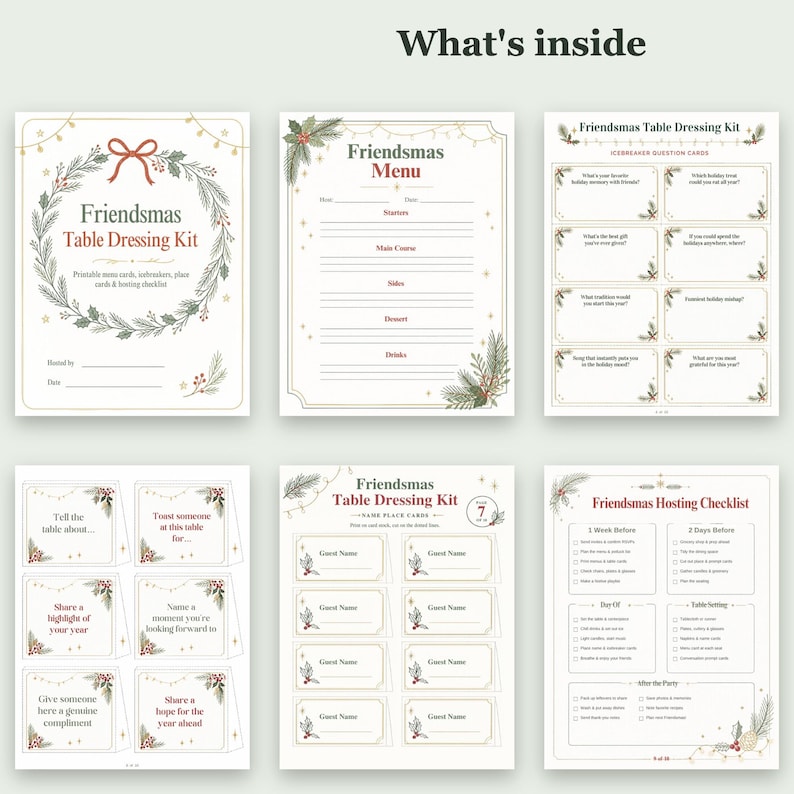 May include: A Friendsmas Table Dressing Kit featuring six printable pages including a menu, icebreaker question cards, name place cards, and a hosting checklist. Each page has a cream background with red and green holiday foliage.
