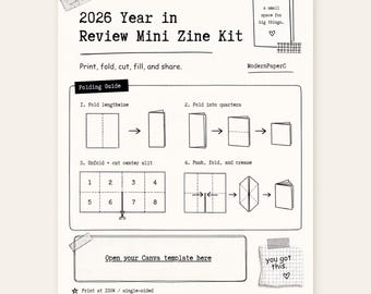 Może przedstawiać: Biały arkusz instruktażowy zatytułowany 2026 Year in Review Mini Zine Kit z czarnym tekstem i diagramami. Zawiera czterostopniowy przewodnik składania, sekcję otwierania szablonu Canva oraz notatkę z napisem you got this i serduszkiem.