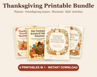 Może przedstawiać: Zestaw materiałów do druku na Święto Dziękczynienia zawierający cztery dokumenty zatytułowane Thanksgiving Friendsgiving Hosting, Kids Thanksgiving Activity & Coloring Placemats, Friendsgiving Dinner Party Placemats & Table Conversation Cards oraz Friendsgiving Games & Place Cards.