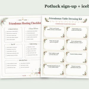 May include: Two printed pages featuring a Friendsmas Hosting Checklist and a Friendsmas Table Dressing Kit with icebreaker question cards. The documents include checkboxes, holiday-themed greenery borders, and text in black and red ink.