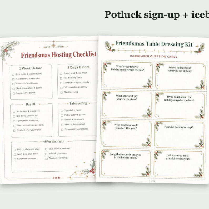 May include: Two printed pages featuring a Friendsmas Hosting Checklist and a Friendsmas Table Dressing Kit with icebreaker question cards. The documents include checkboxes, holiday-themed greenery borders, and text in black and red ink.