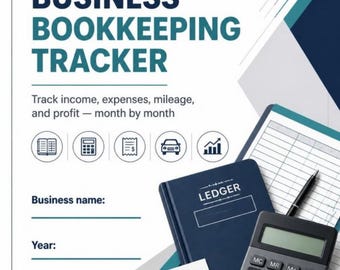 Może przedstawiać: Tracker księgowy dla małych firm z tekstem: Track income, expenses, mileage, and profit — month by month. Zawiera pola na nazwę firmy i rok, a także ikony przedstawiające księgę, kalkulator, paragon, samochód oraz wykres.