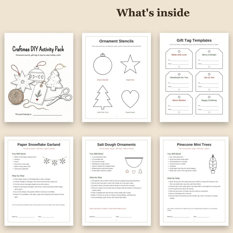 May include: A six-page Craftmas DIY Activity Pack featuring holiday craft instructions, ornament stencils, and gift tag templates. The pages include guides for paper snowflake garlands, salt dough ornaments, and pinecone mini trees.