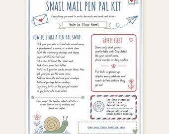 Może przedstawiać: Dokument instruktażowy Snail Mail Pen Pal Kit z niebieskim i czerwonym tekstem, ilustracją zielonego ślimaka oraz sekcjami zatytułowanymi How to Start a Pen Pal Swap, Safety First i notatką o fałszywych znaczkach. Zawiera link do Canva.