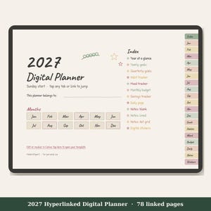 Op de afbeelding: Een digitale planner-interface voor 2027 met een cr&egrave;mekleurige achtergrond, voorzien van een maandkalenderraster, een indexlijst met sterpictogrammen en navigatietabbladen aan de zijkant. De tekst bevat 2027 Digital Planner en diverse sectielabels.