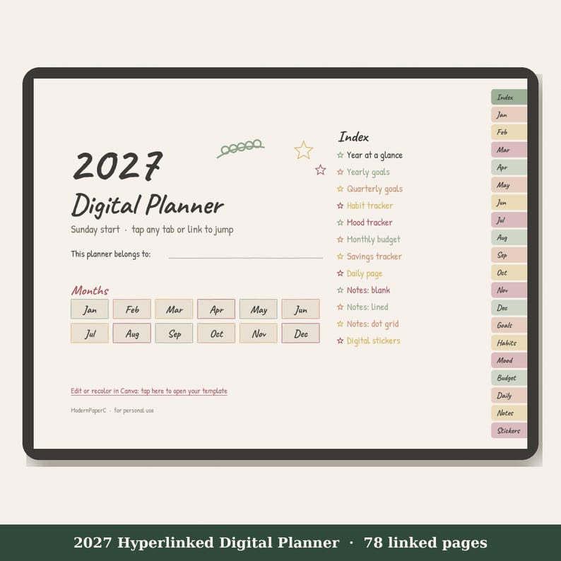 Op de afbeelding: Een digitale planner-interface voor 2027 met een cr&egrave;mekleurige achtergrond, voorzien van een maandkalenderraster, een indexlijst met sterpictogrammen en navigatietabbladen aan de zijkant. De tekst bevat 2027 Digital Planner en diverse sectielabels.