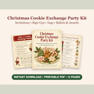 May include: A Christmas Cookie Exchange Party Kit printable PDF set featuring three pages with red and green holiday illustrations, including a gingerbread man, candy canes, and cookies, with text detailing party planning, host tips, and instructions.