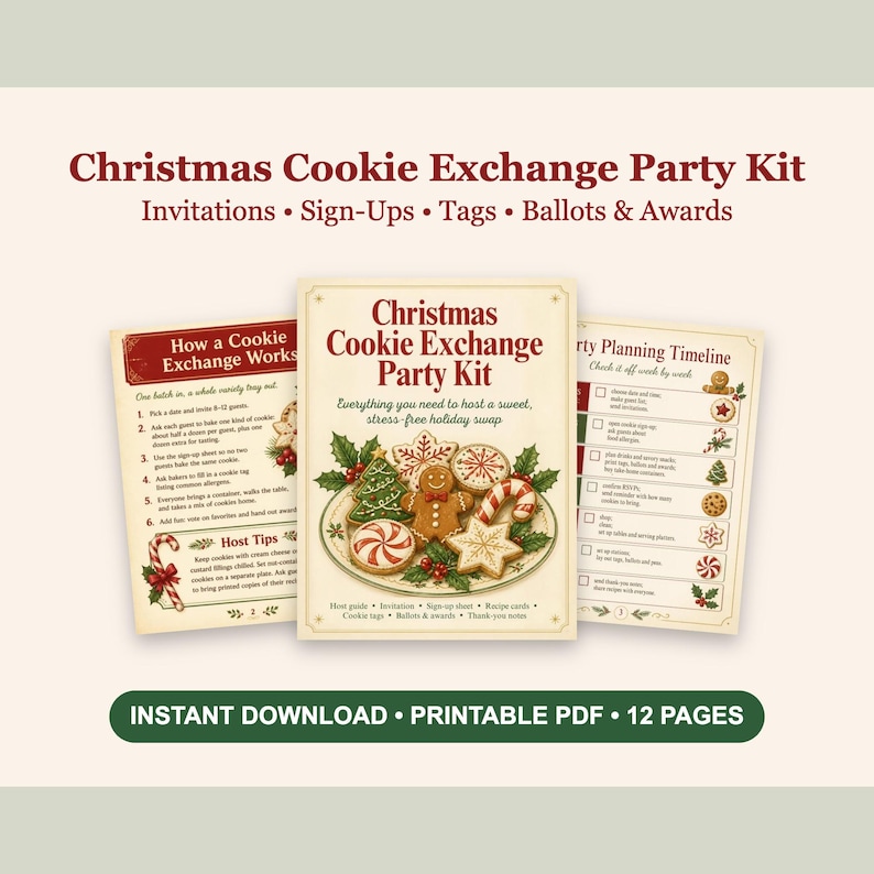 May include: A Christmas Cookie Exchange Party Kit printable PDF set featuring three pages with red and green holiday illustrations, including a gingerbread man, candy canes, and cookies, with text detailing party planning, host tips, and instructions.