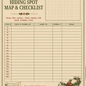May include: A cream-colored Christmas Morning Hiding Spot Map & Checklist paper sheet with a grid for sketching, a twenty-row table for clues, and illustrations of a treasure map and a sleigh filled with gifts at the bottom.