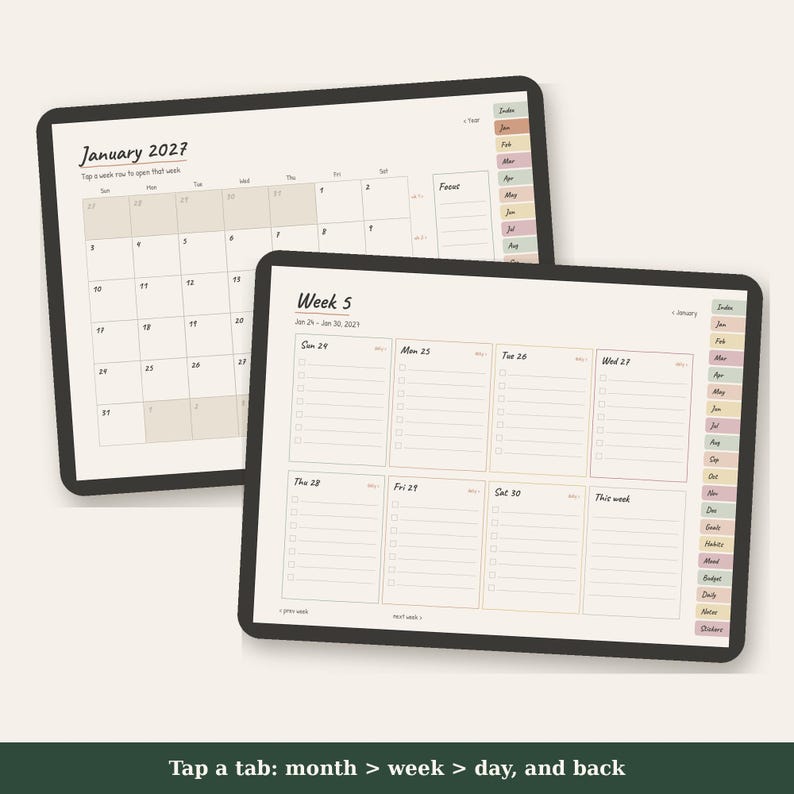 Op de afbeelding: Twee digitale planner-schermen met een maandkalender voor januari 2027 en een weekschema voor week 5. Beide schermen hebben een zijbalk met gekleurde tabbladen voor maanden en secties, plus tekst voor navigatie.