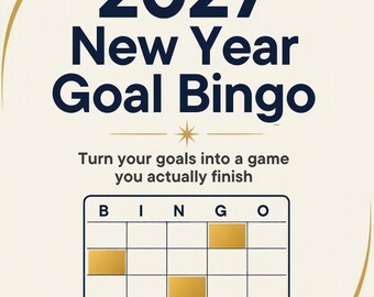 Op de afbeelding: Een 2027 New Year Goal Bingo spelkaart op een crèmekleurige achtergrond met donkerblauwe tekst die 2027 New Year Goal Bingo en Turn your goals into a game you actually finish leest. Het raster bevat gouden vierkanten en sterren.