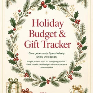 May include: A Holiday Budget & Gift Tracker planner page featuring a central wreath of pine branches and red berries. Text includes: Holiday Budget & Gift Tracker, Give generously. Spend wisely. Enjoy the season. Budget planner, gift list, shopping tracker, food, travel & card budgets, returns tracker, season review, and Year:.