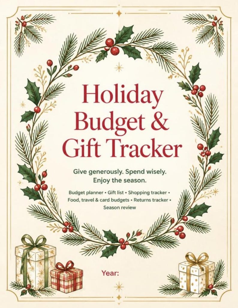May include: A Holiday Budget & Gift Tracker planner page featuring a central wreath of pine branches and red berries. Text includes: Holiday Budget & Gift Tracker, Give generously. Spend wisely. Enjoy the season. Budget planner, gift list, shopping tracker, food, travel & card budgets, returns tracker, season review, and Year:.