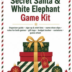 May include: A Secret Santa & White Elephant Game Kit featuring a stack of three wrapped gifts with a gold ribbon, a red gift tag, and two ornaments. The text lists components including an organizer guide, sign-up sheets, and rules.