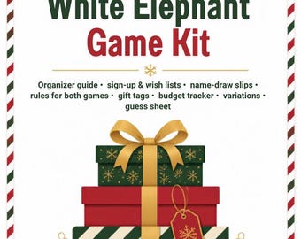 May include: A Secret Santa & White Elephant Game Kit featuring a stack of three wrapped gifts with a gold ribbon, a red gift tag, and two ornaments. The text lists components including an organizer guide, sign-up sheets, and rules.