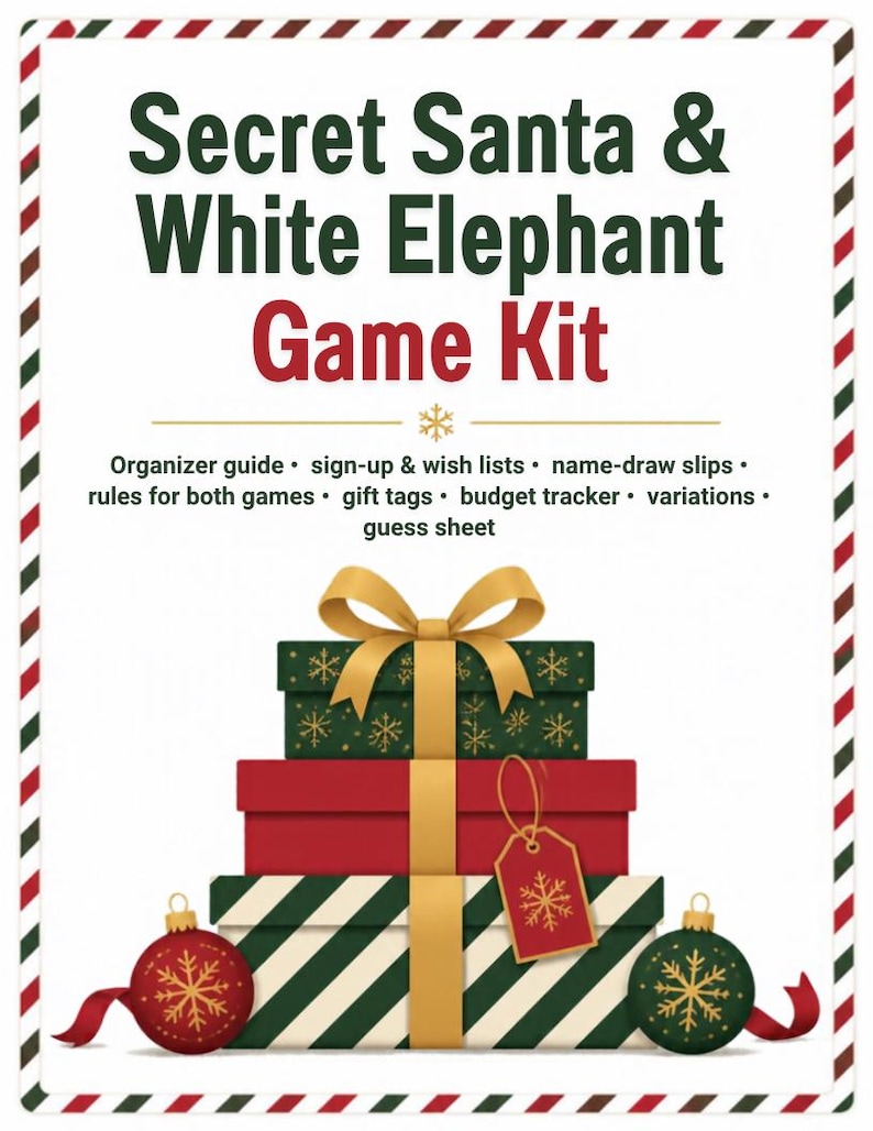 May include: A Secret Santa & White Elephant Game Kit featuring a stack of three wrapped gifts with a gold ribbon, a red gift tag, and two ornaments. The text lists components including an organizer guide, sign-up sheets, and rules.