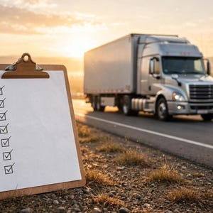 May include: A wooden clipboard with a metal clip holding a white sheet of paper featuring a vertical column of seven checkboxes, each marked with a checkmark. The clipboard is positioned in the foreground against a blurred highway background.