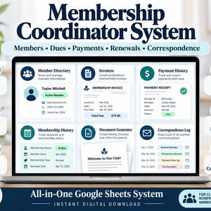 Sistema de coordinación de membresías Hojas de cálculo de Google Base de datos de miembros Seguimiento de pagos de cuotas Facturas Renovaciones Registro de correspondencia