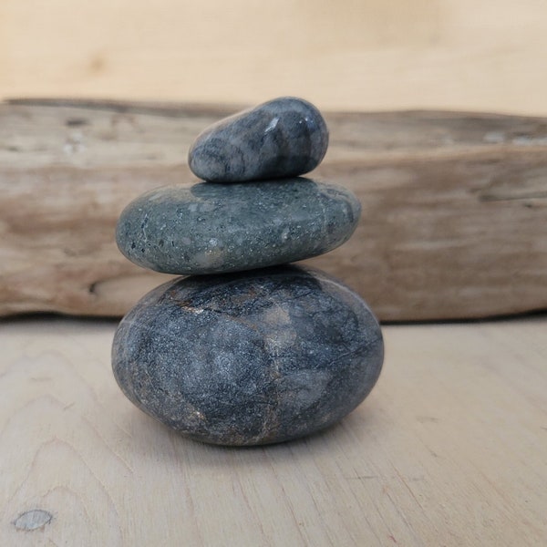 Zen Stacking Stones, Polished Beach Rock, Large Unique Design Rocks, Rock Paper Weights, Staking Stone Set, Blue & Grey, Ocean Rock Gift