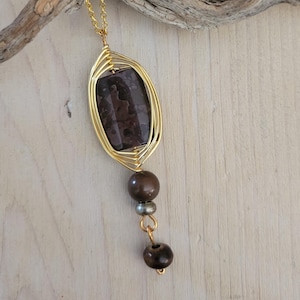 Red Jasper Pendant Necklace, Gold Wrapped Stone Pendant Necklace, Wire Wrapped Deep Burgundy Pendant, Dangling Jasper Layering Necklace