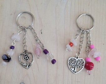 Crystal Keychain, Dangling Light Pink Rose Quartz Beaded Key Chain w Heart Charm, Purse Charm, Zipper Charm, Gemstone Key Chain, Rose Quartz