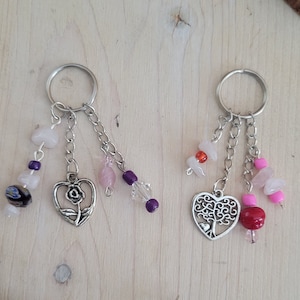 Crystal Keychain, Dangling Light Pink Rose Quartz Beaded Key Chain w Heart Charm, Purse Charm, Zipper Charm, Gemstone Key Chain, Rose Quartz
