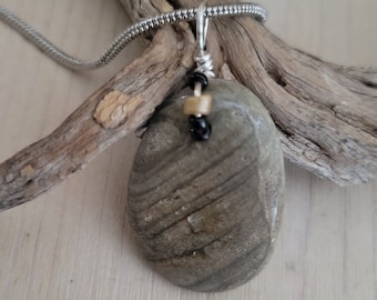 Striped Grey Stone Pendant, Natural Stone Necklace,  Ocean Jasper Necklace, Natural Ocean Stone, Striped Stone, Natural Stone Jewelry