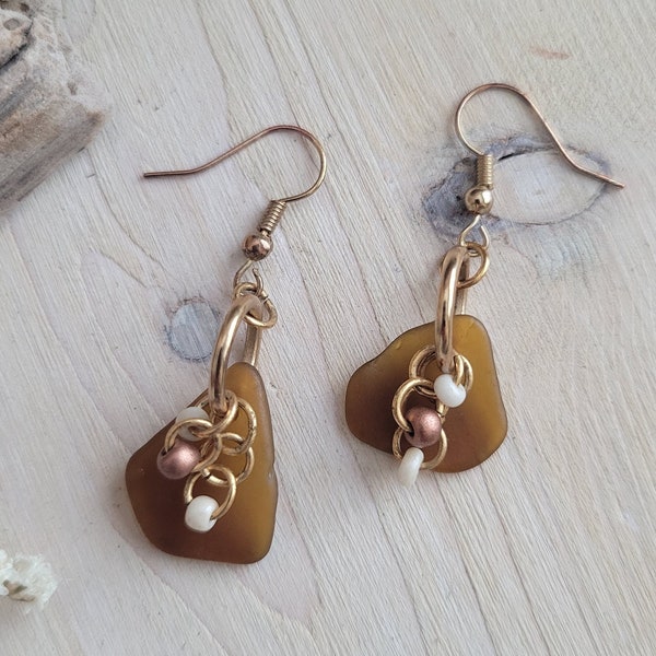 Sea Glass Earrings, Brown Sea Glass, Genuine Sea Tumbled Glass, Dangling Beaded Sea Glass Earrings, Beachy Style Earrings, Honey Sea Glass