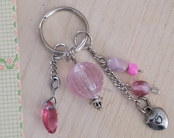 Pink Crystal Keychain, Dangling Light Pink Beaded Key Chain w Heart Charm, Purse Charm, Zipper Charm, Rose Pink Key Chain with Love Charm