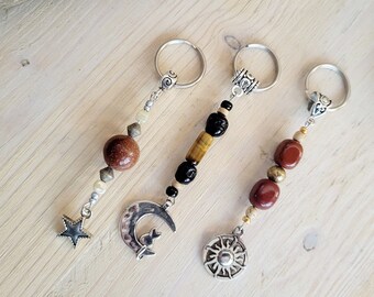 Crystal Keychain, Purse Charm, Zipper Charm, Healing Crystal, Gemstone Key Chains, Goldstone, Tigers Eye, Red Jasper, Celestial Keychain