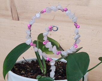 Spiral Rose Quartz Plant Stake, Plant Décor, Rose Quartz Plant Stake, Pink Beaded Spiral Design, Plant Decor, Wire Plant Stake