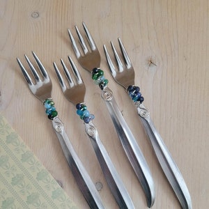 Cocktail Forks, Set of 4, Mixologist Garnish, Appetizer Forks, Blue & Green Beaded Charcuterie Forks, Food Grade Stainless Steel