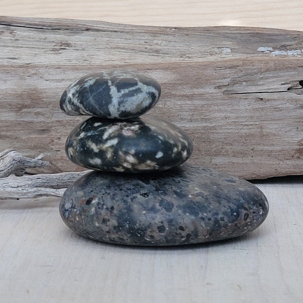 Zen Stacking Stones, Banded Beach Rock, Large Speckled Rocks, Polished Rock Paper Weights, Staking Stone Set, Black & Grey, Ocean Rock Gift